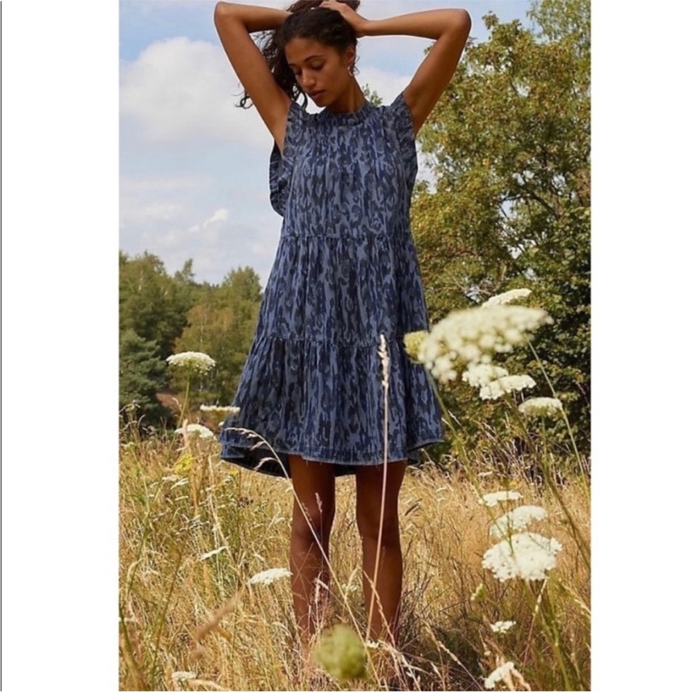Anthropologie Jenee Tiered Blue Leopard Dress XS